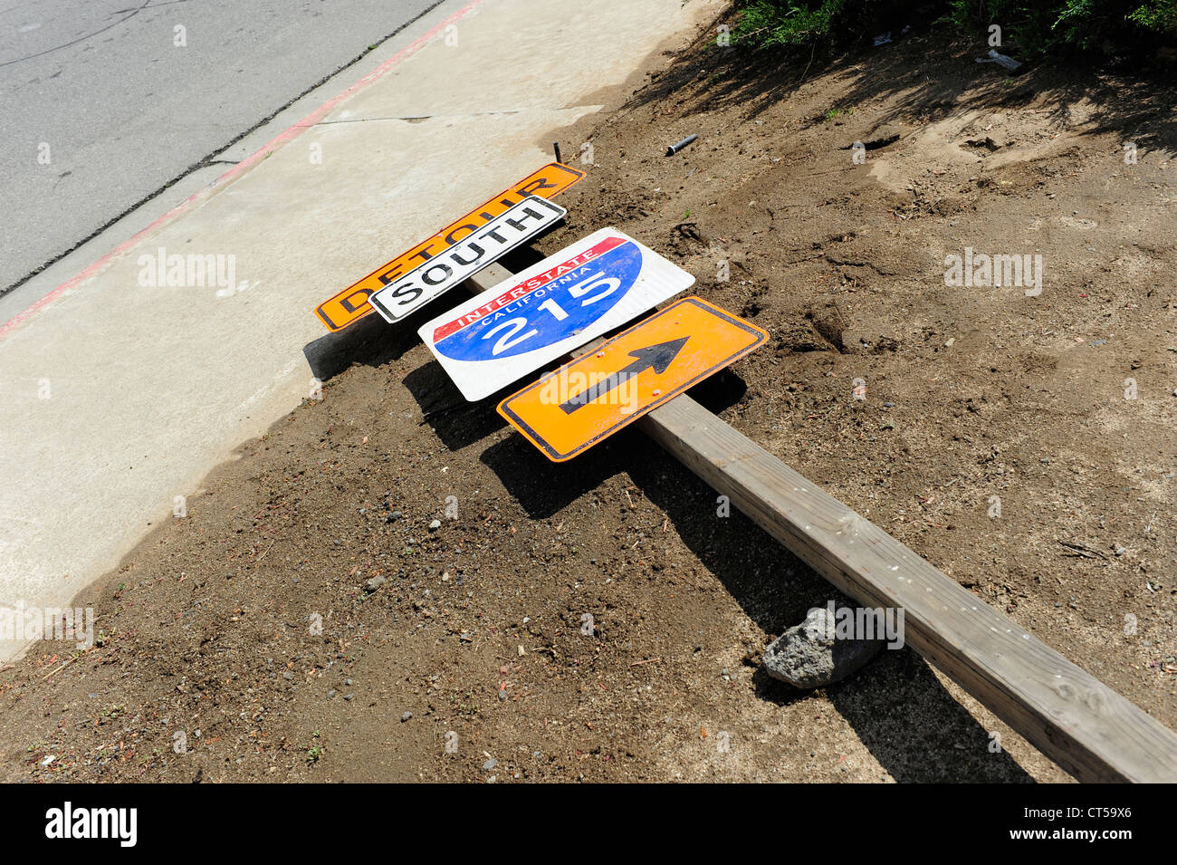 Interstate 215 Detour Sign that has been knocked down, located in ...