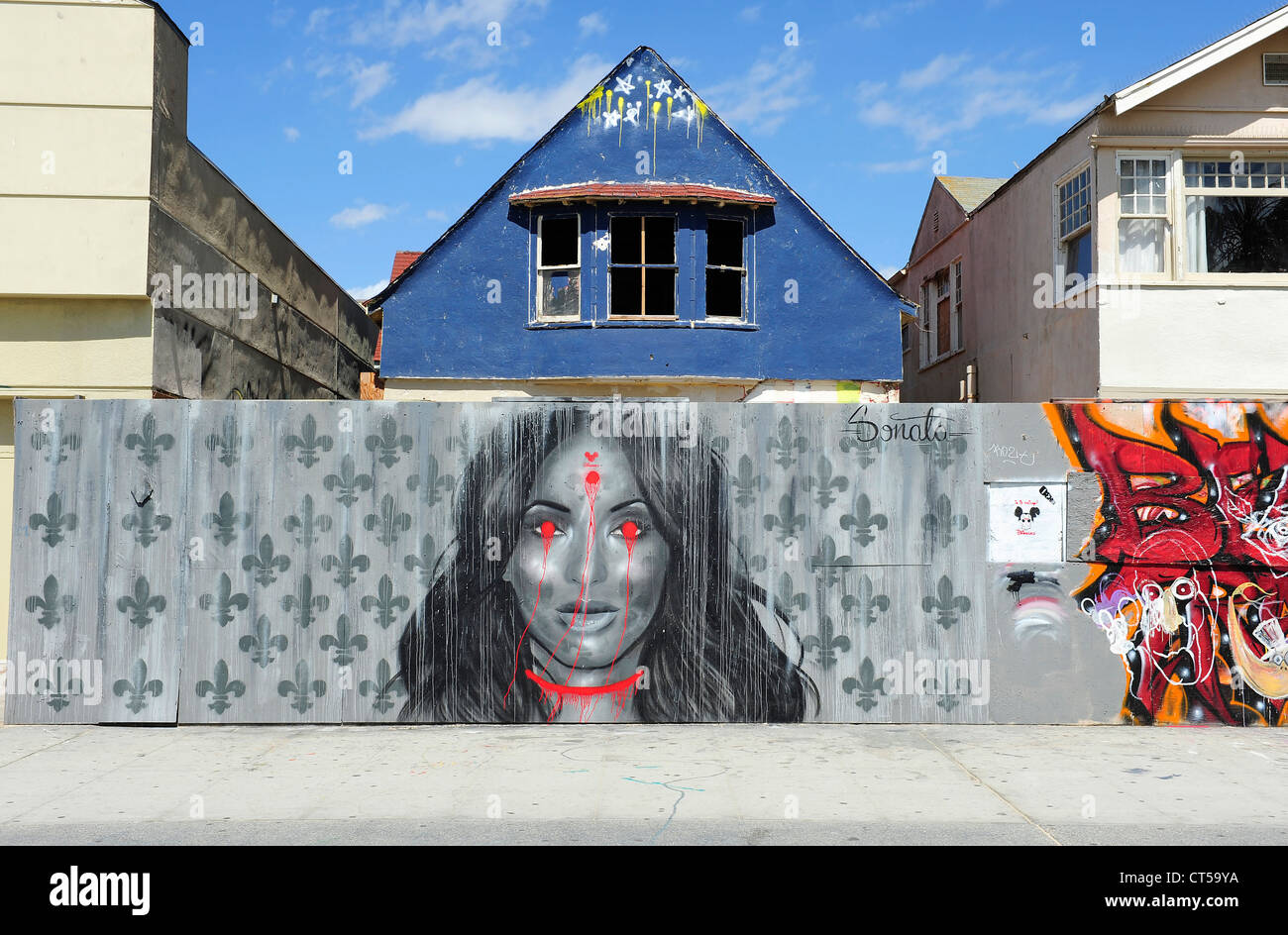 Graffiti on fence Venice Beach, California, USA. Womans face with red