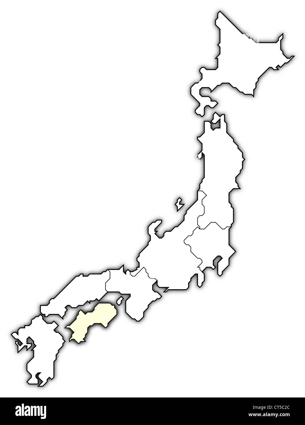 Political map of Japan with the several regions where Shikoku is