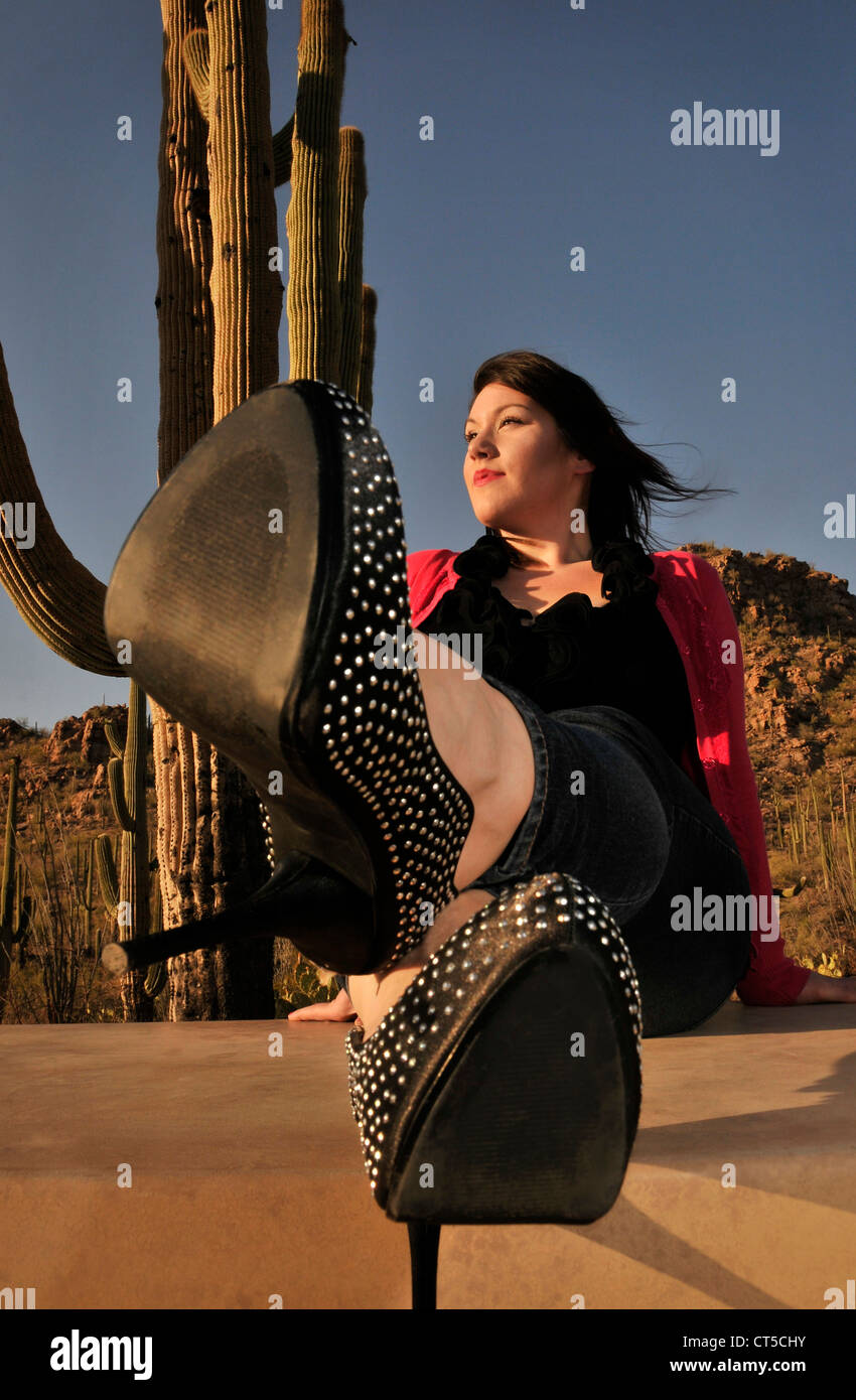Portrait of a young woman in the Sonoran Desert, Tucson, Arizona, USA. Stock Photo