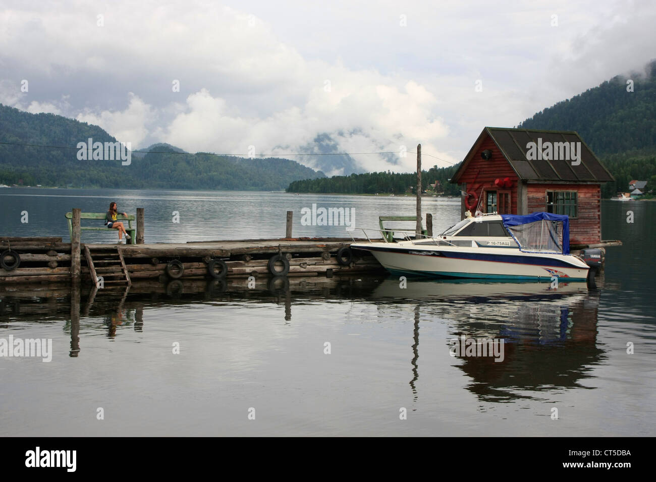 Boat dock, Lake Teletskoe, Artybash, Altai, Siberia, Russia Stock Photo
