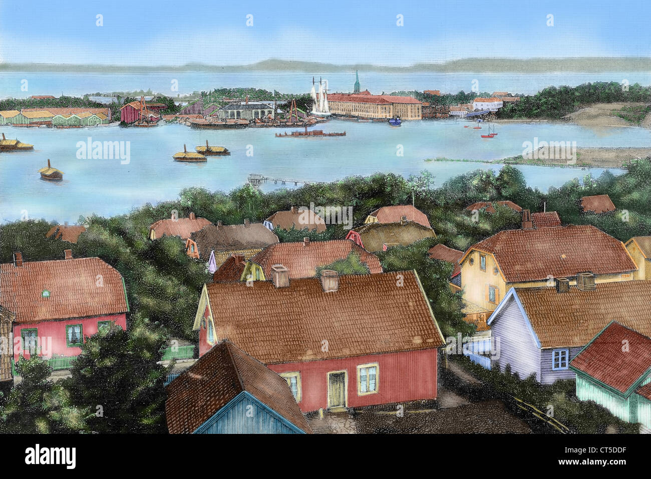 Norway. Horten. City with the port and arsenal of the State. Colored engraving. Stock Photo