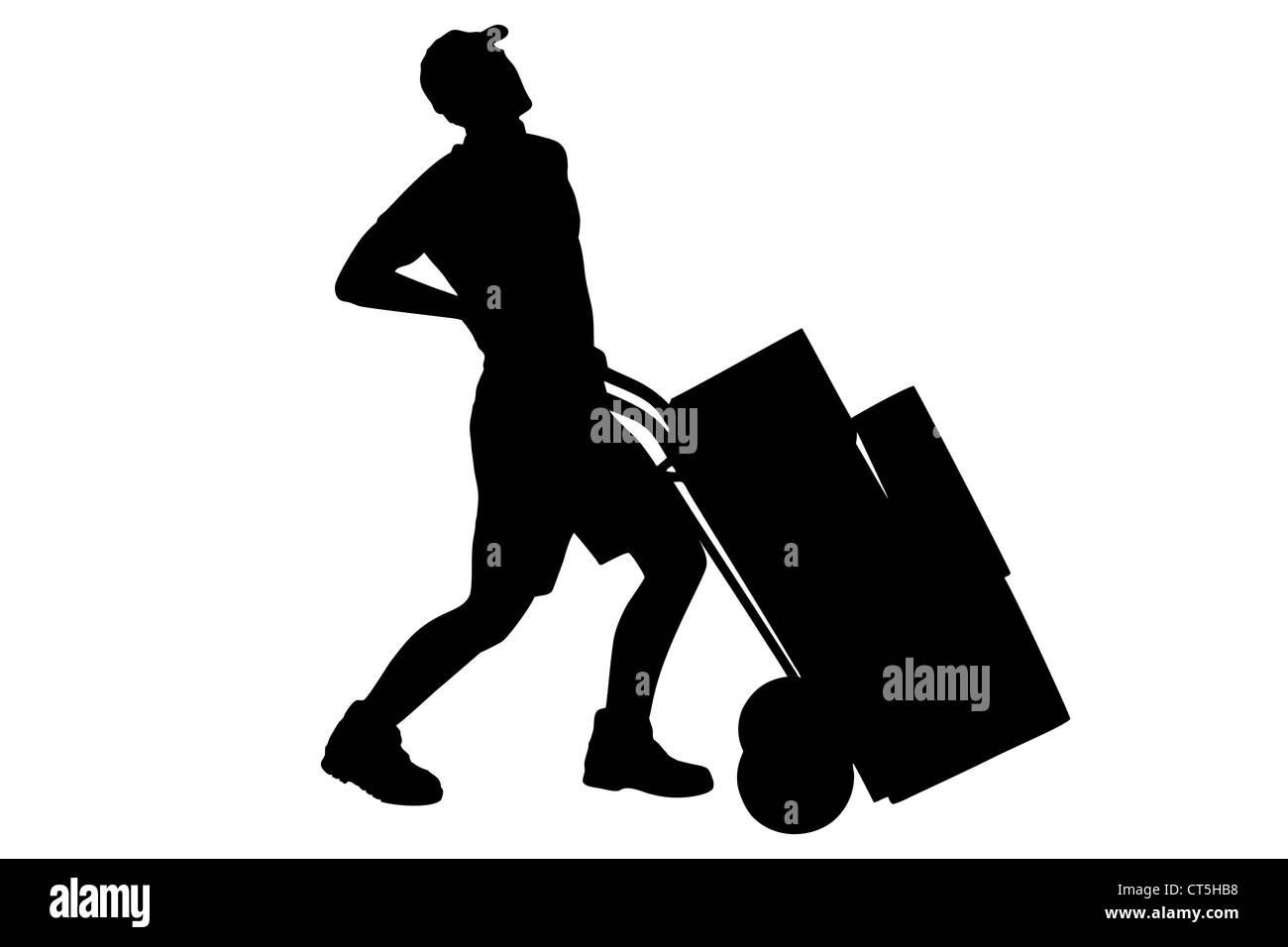 A silhouette of a full length portrait of a delivery boy, suffering from a back pain, pushing a hand truck isolated on white Stock Photo