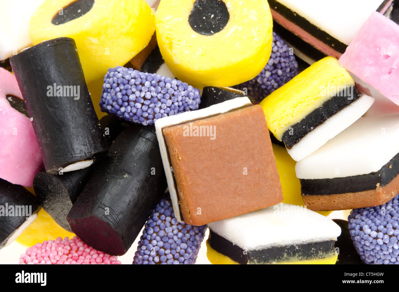 Colourful background of assorted licorice candies - studio shot Stock Photo