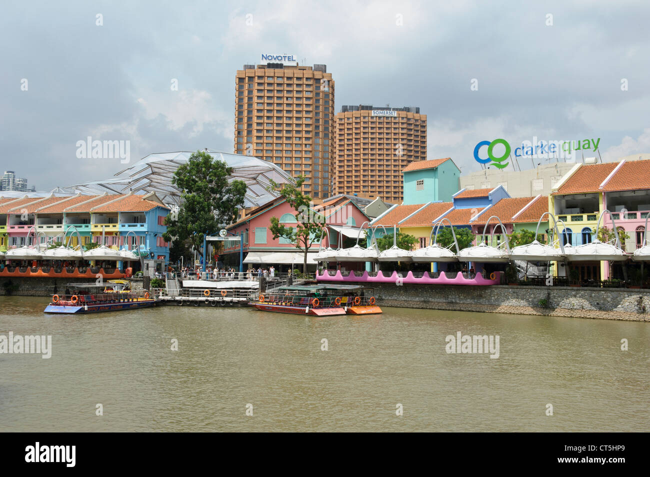 Clarke Quay Pier with restaurants, Singapore, Southeast Asia. Stock Photo