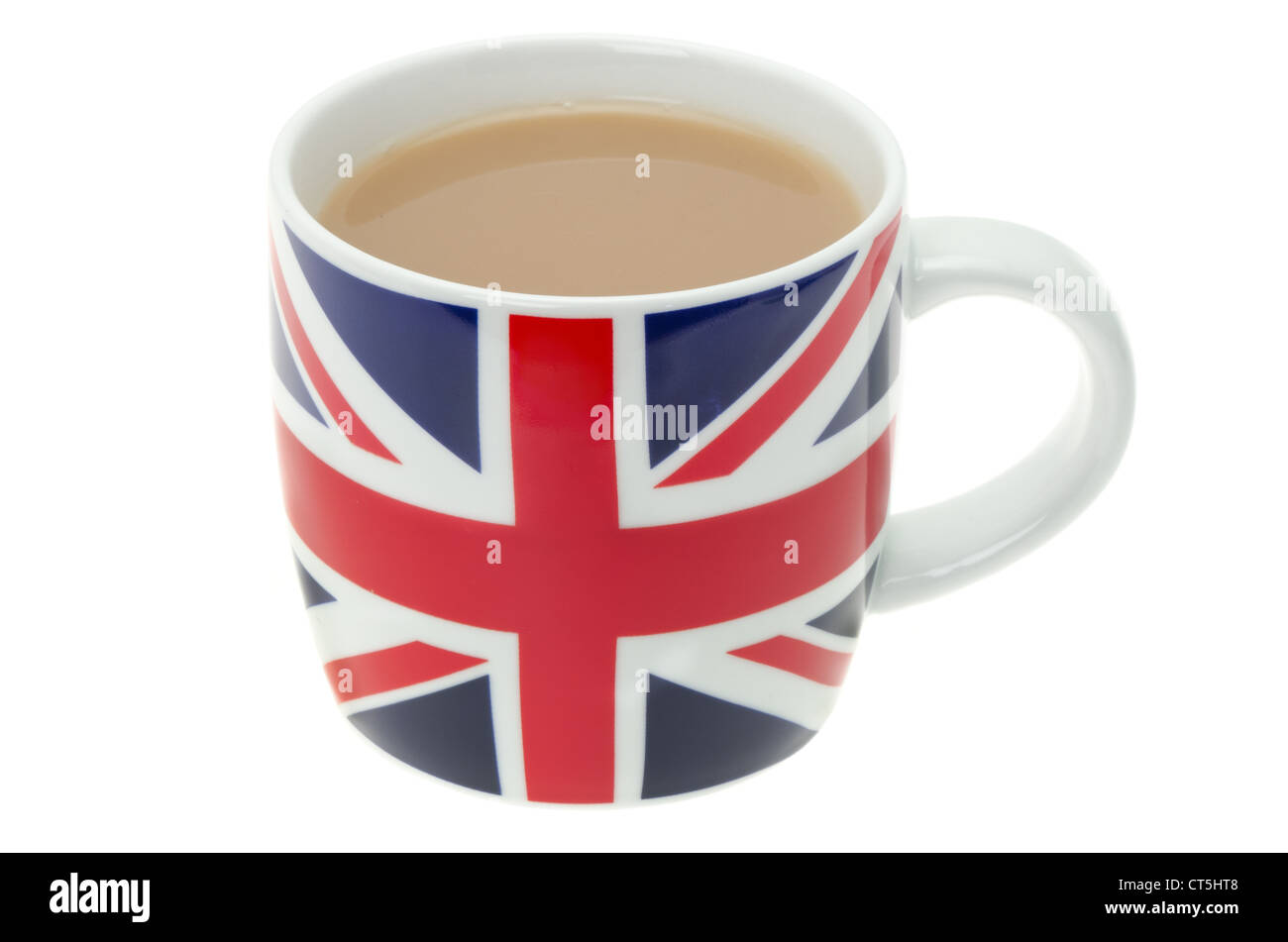 A mug decorated with a British flag 'Union Jack' and full of hot tea - studio shot with a white background. Stock Photo