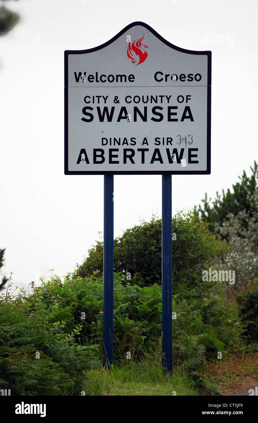 A Welcome to Swansea sign on Fabian Way, south Wales, UK Stock Photo