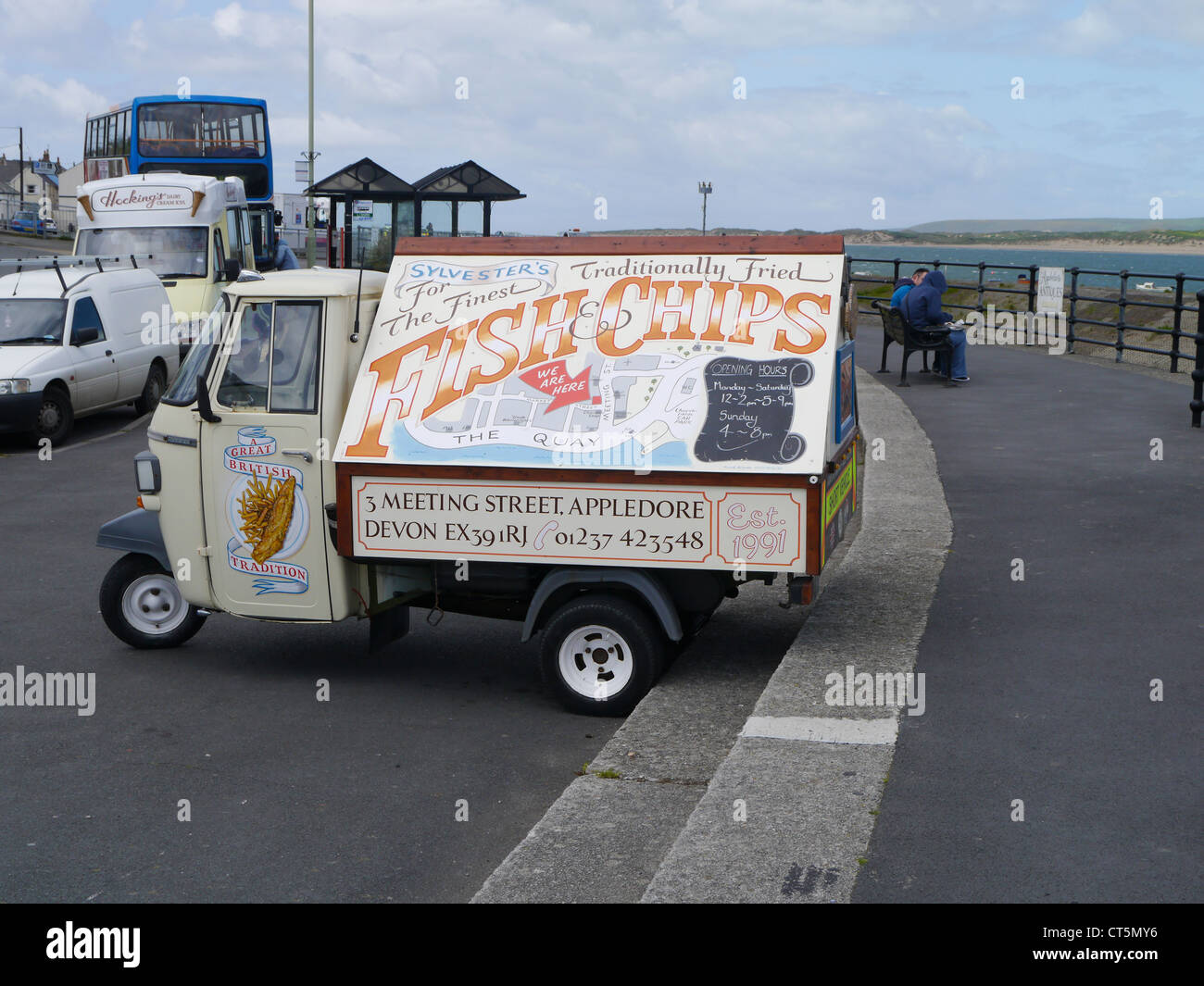 Three wheel vehicle advertising fish and chip shop at Appledore Devon