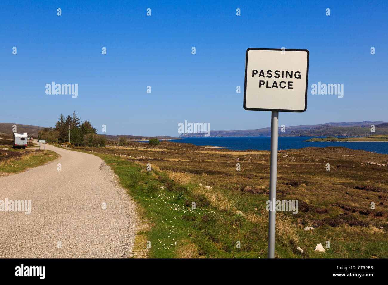 Passing place sign on single track road A838 on North and West Highlands North Coast 500 Tourist Route Sutherland Highland Scotland UK Stock Photo