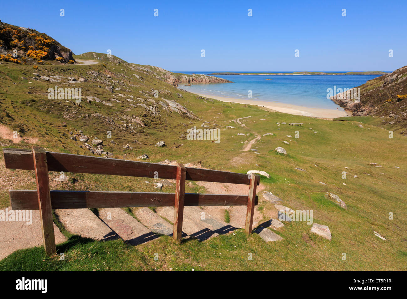 Steps and path going down to secluded sandy Ceannabeinne beach on Scottish north coast in Sutherland Highland Scotland UK Stock Photo