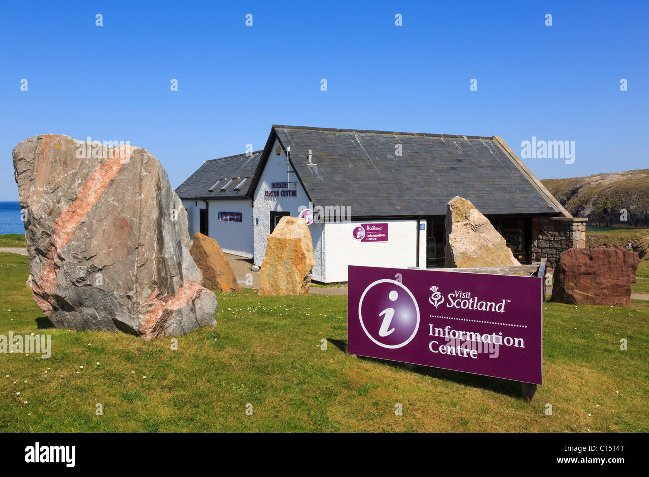 Visitor Centre building with tourist information sign outside in Durness, Sutherland, Highland, Scotland, UK, Britain Stock Photo