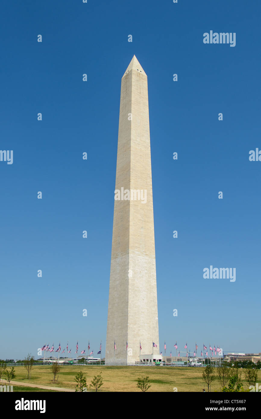 WASHINGTON DC, USA - Washington Monument Southeastern Corner with Clear Blue Sky. The Washington Monument, one of the National Mall's most distinctive landmarks, on a clear sunny day with blue sky. Stock Photo