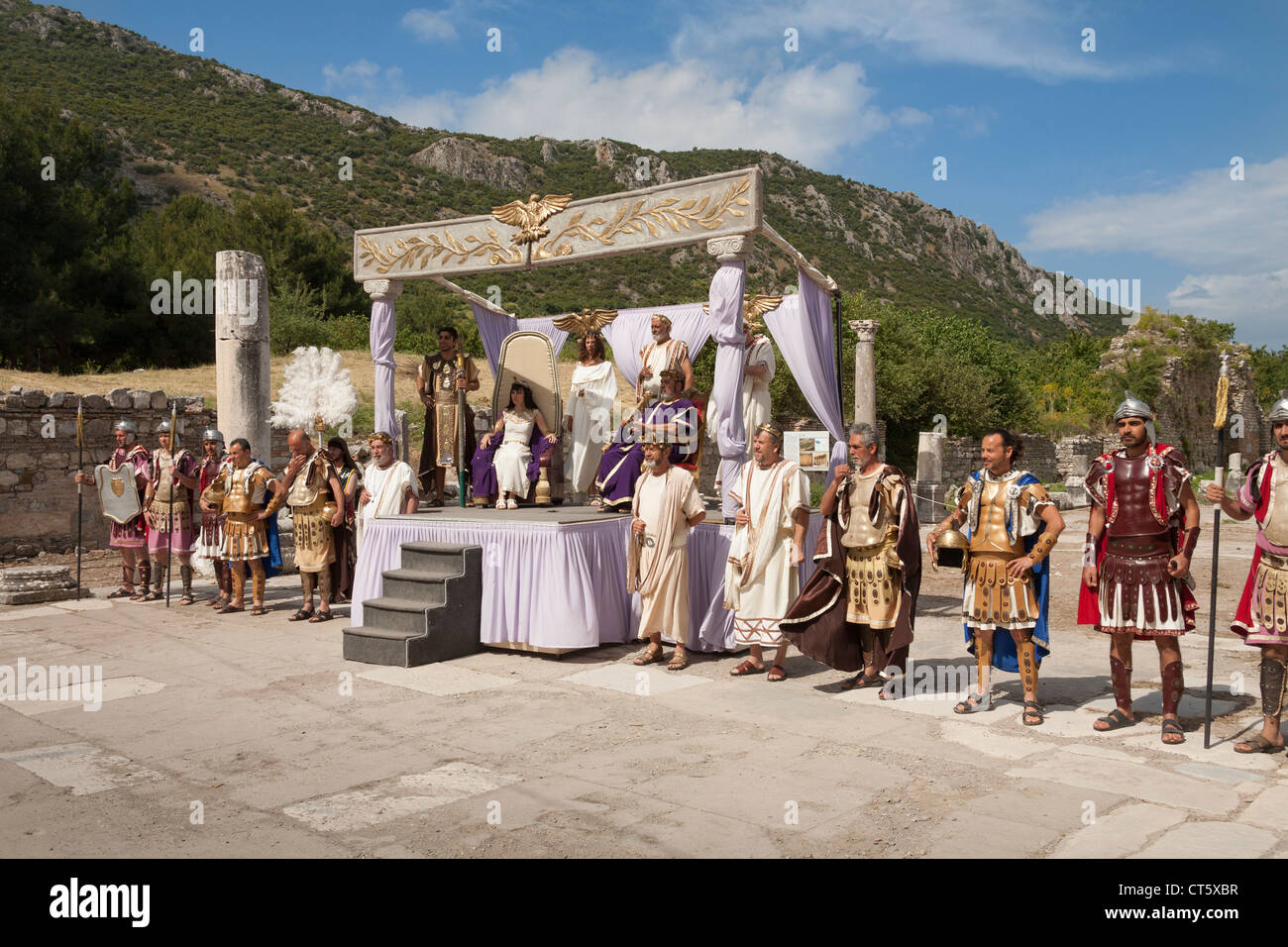 Reenacting an historical Roman event, with Caesar and Cleopatra on the stage, Ephesus, Turkey Stock Photo