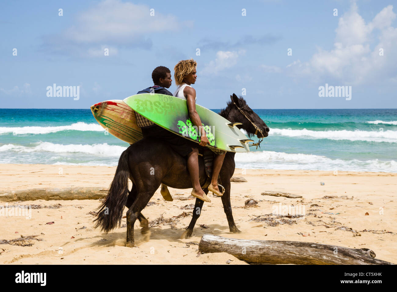 Pair of surfers on a horse at Wizard Beach (First Beach) on Isla Bastimentos, Bocas del Toro, Panama. Stock Photo