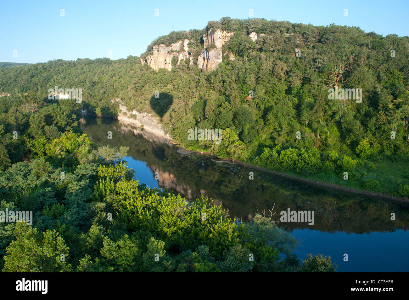 Aerial view of the Dordogne river and surrounding countryside near Sarlat in the Dordogne-Perigord region of south west France. Stock Photo