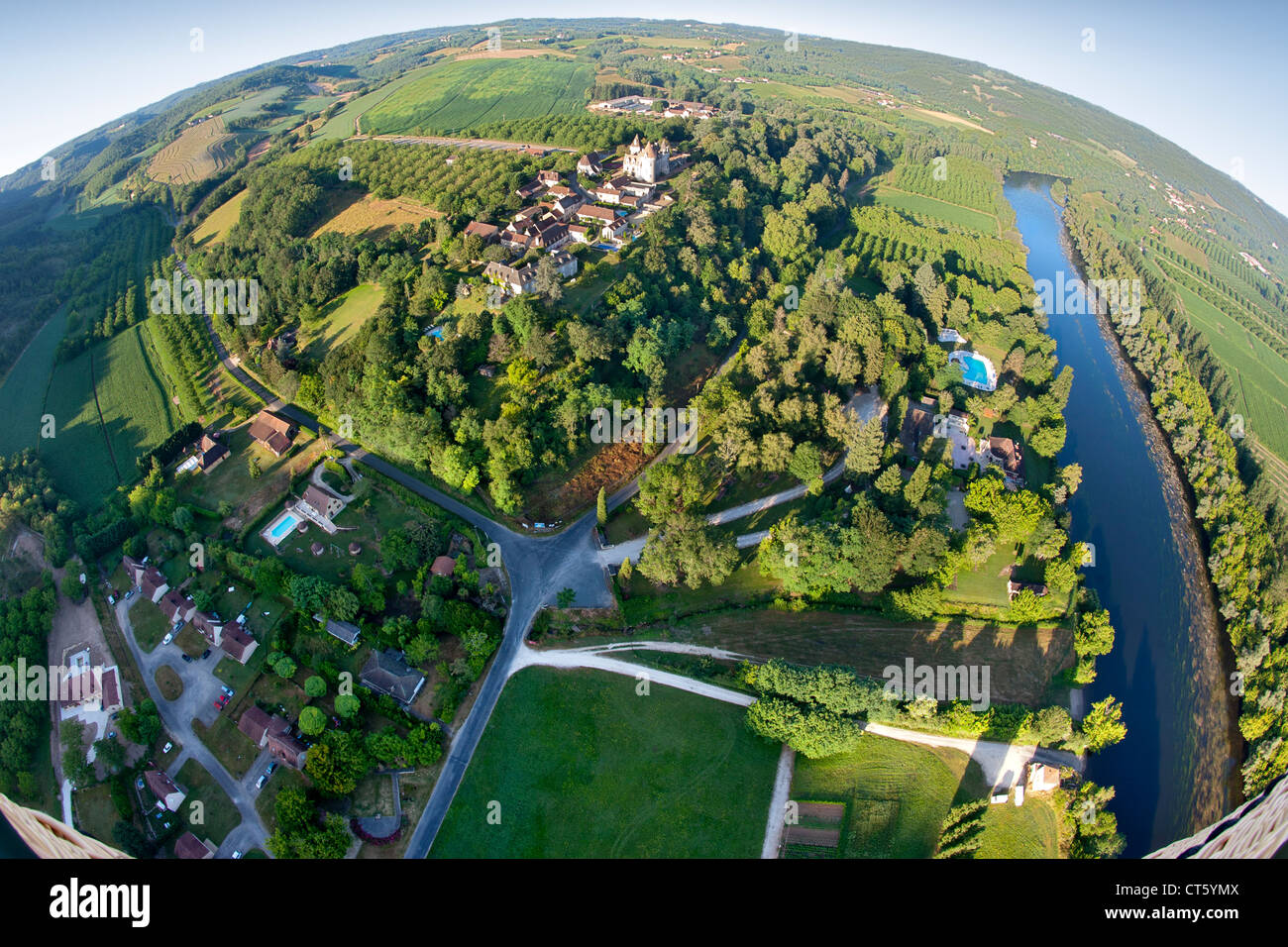 Aerial view of the Dordogne river and surrounding countryside near Sarlat in the Dordogne-Perigord region of south west France. Stock Photo