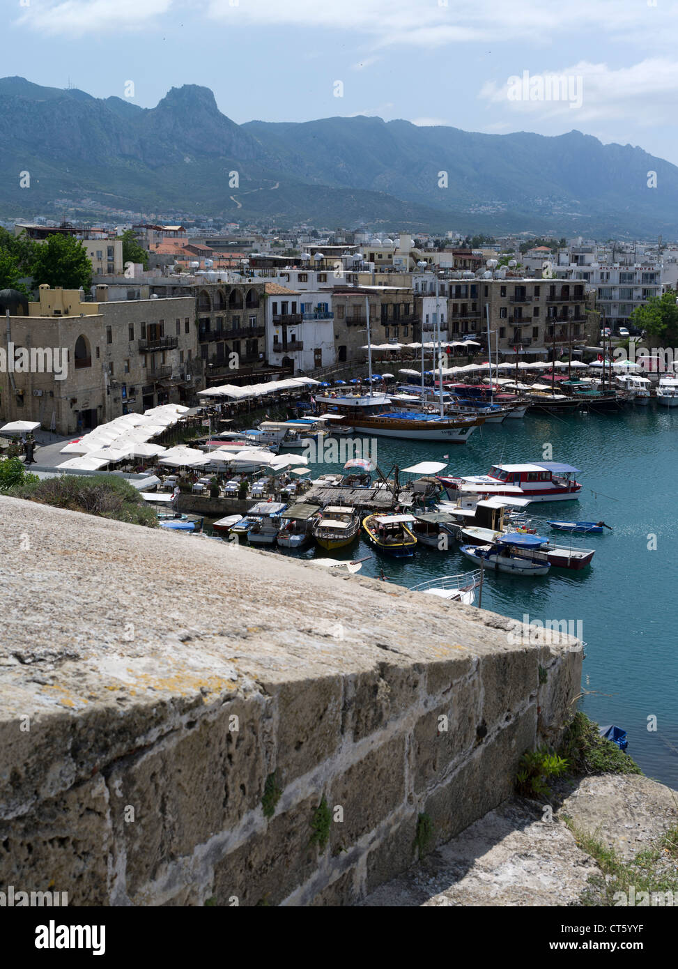 dh Girne Castle KYRENIA NORTHERN CYPRUS Venetian castle walls old harbour and Besparmak mountains Stock Photo