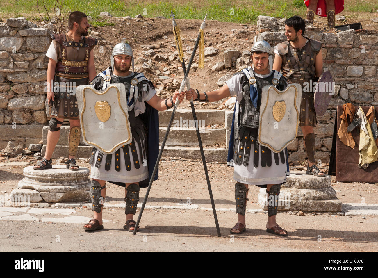 Actors reenacting a Roman scene at Ephesus, Ephesus, Turkey Stock Photo