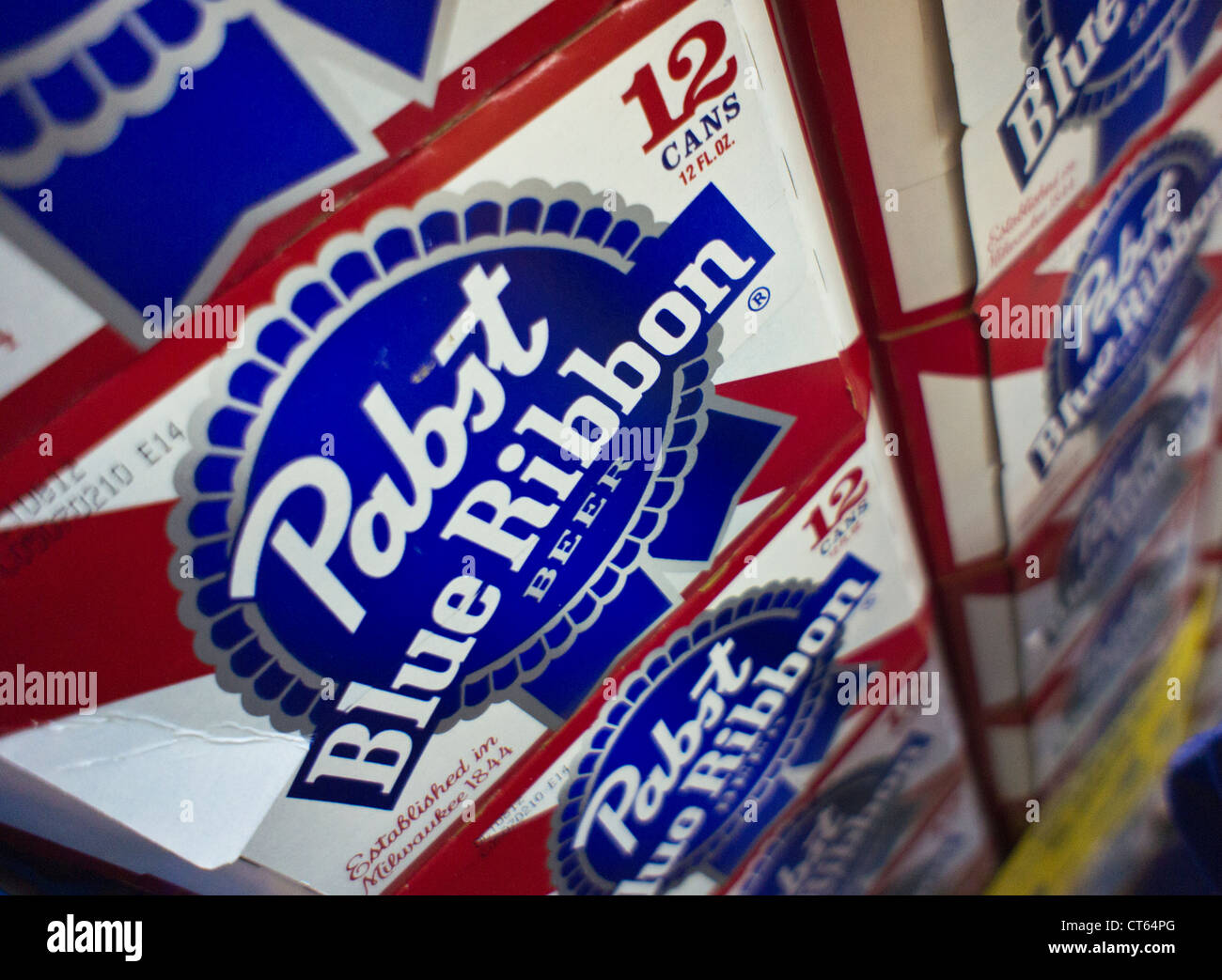 Cases of Pabst Blue Ribbon beer are in seen a supermarket in New York Stock Photo