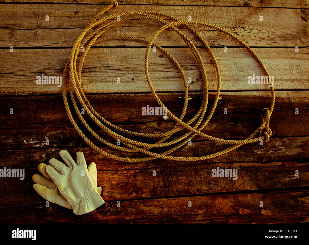 A western cowboy rope (lariat) laying  on an old weathered fence with leather gloves. Stock Photo