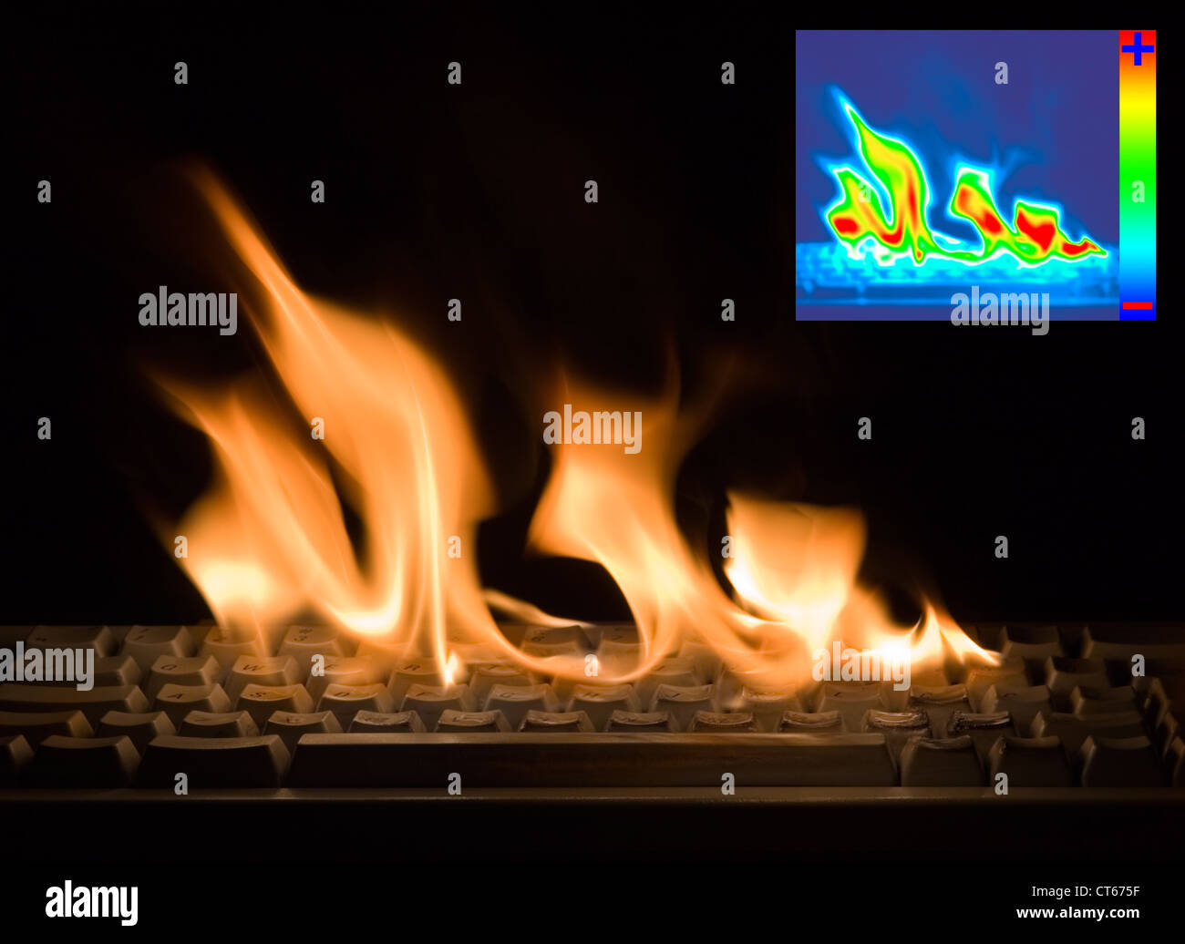 Burning Keyboard with Thermal Image Diagram for Damage Detection Stock Photo