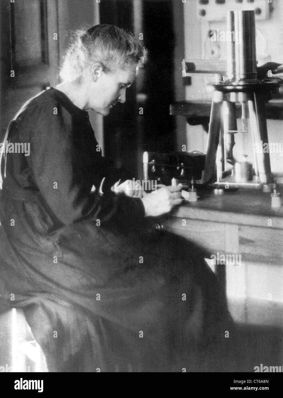 Portrait of Marie Curie in laboratory Stock Photo