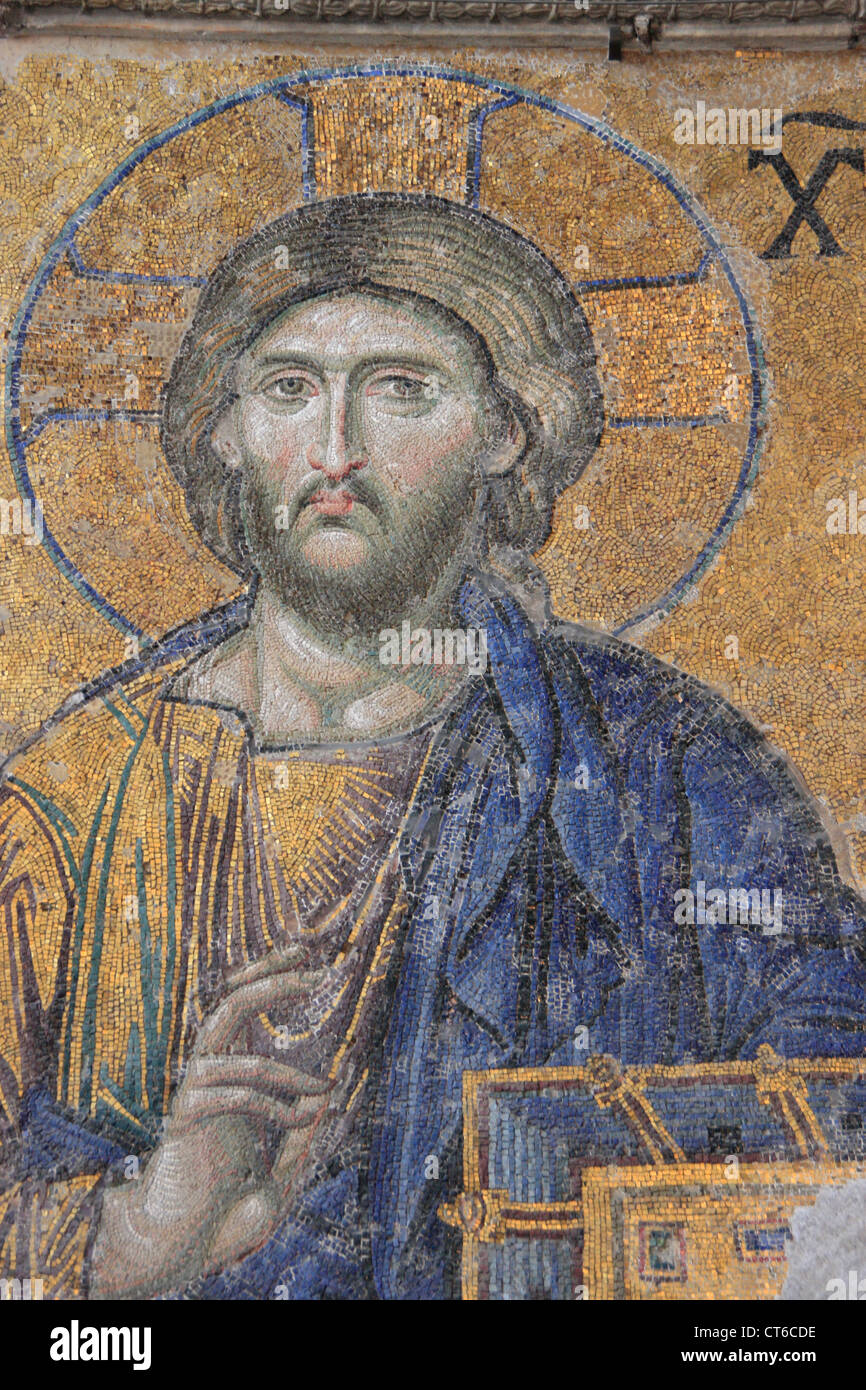 Close up of Christ Pantocrator, Deesis mosaic, Hagia Sophia, Sultanahmet, Istanbul, Turkey Stock Photo