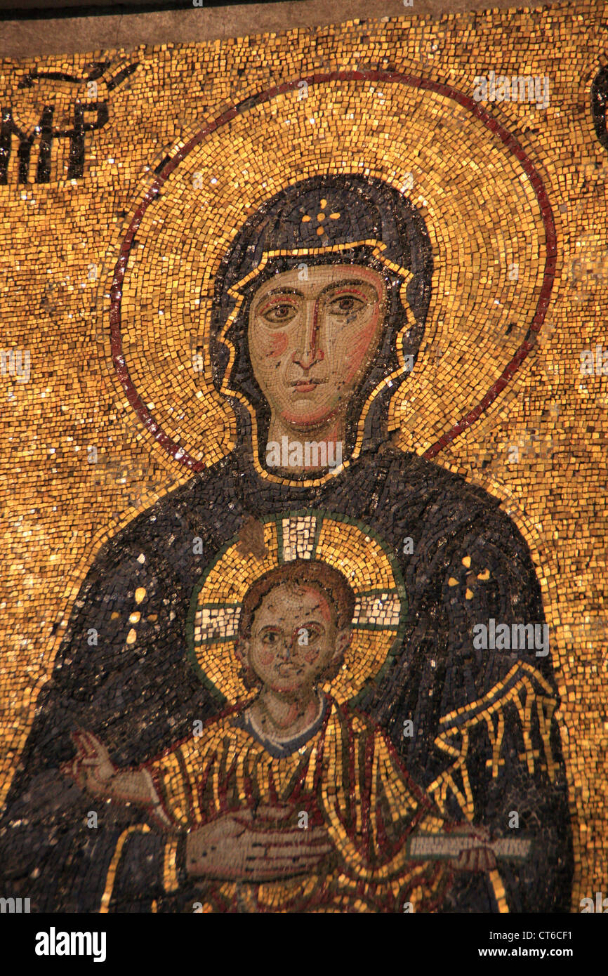The Virgin Mary and infant Jesus, Mosaic of John, the Theotokos and Irene, Hagia Sophia, Sultanahmet, Istanbul, Turkey Stock Photo