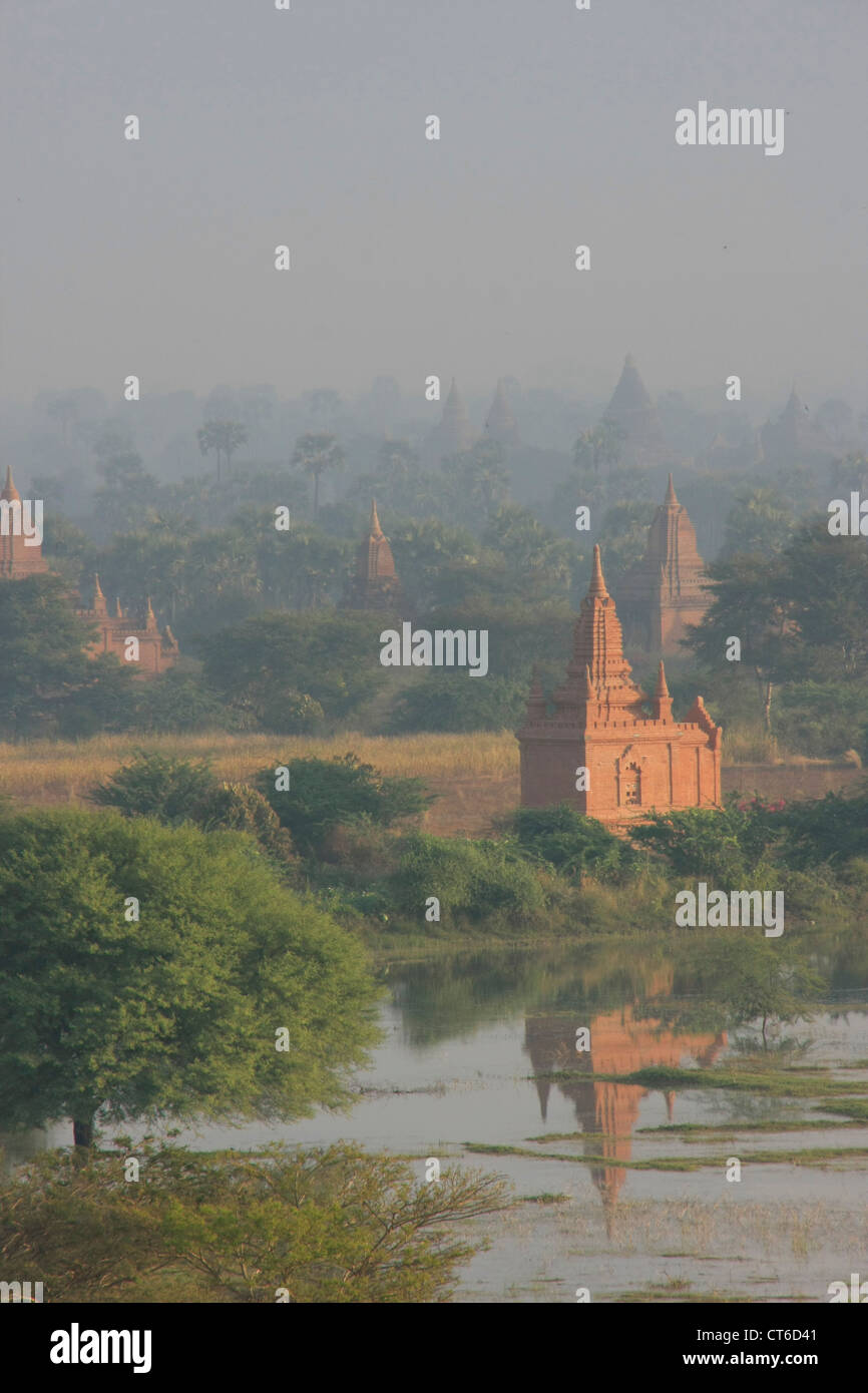 Temples of Bagan in morning mist, Bagan Archaeological Zone, Mandalay region, Myanmar, Southeast Asia Stock Photo