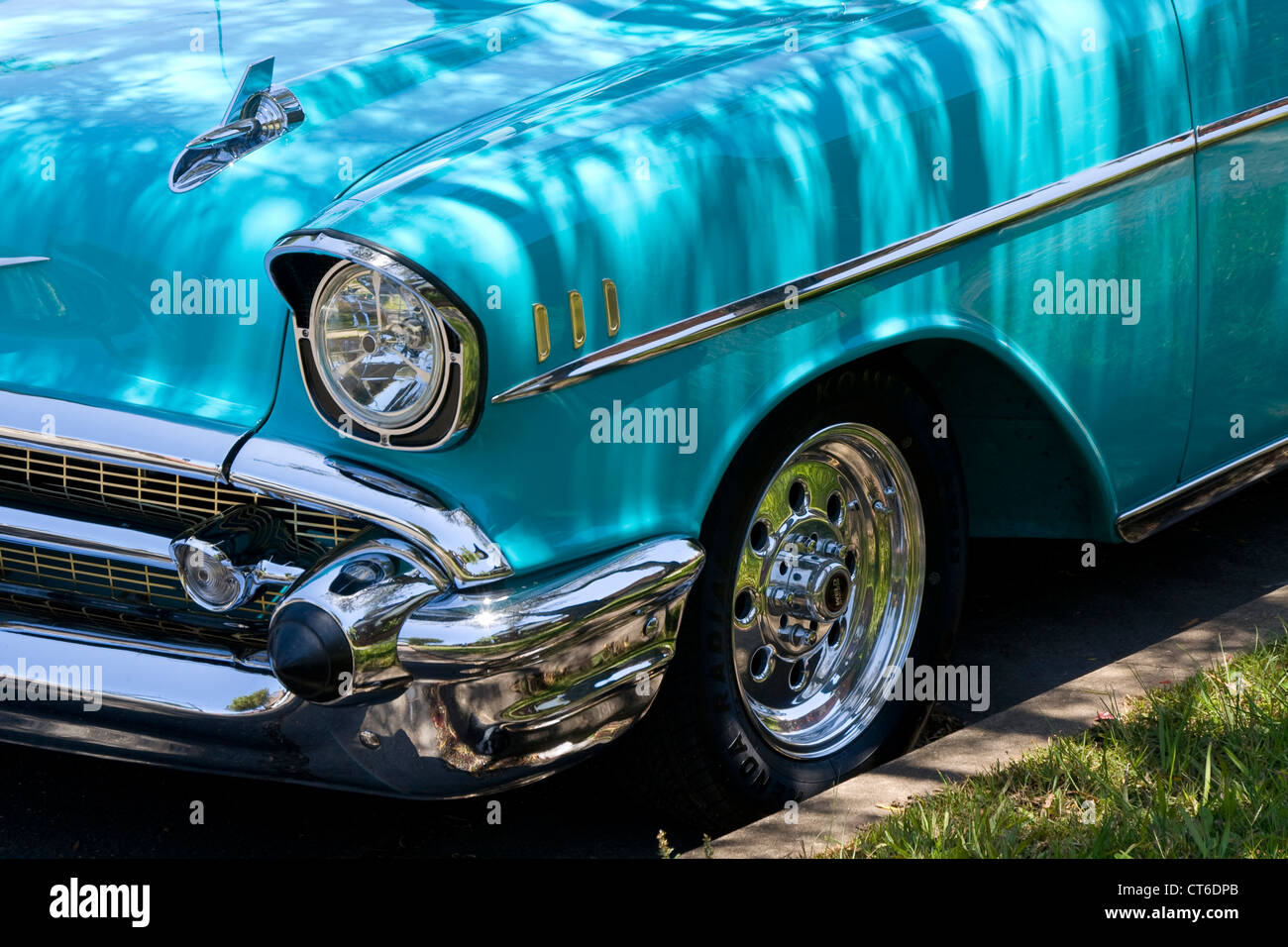Part of a 1957 Chevrolet Bel Air. This historic vehicle has been immaculately restored. Stock Photo