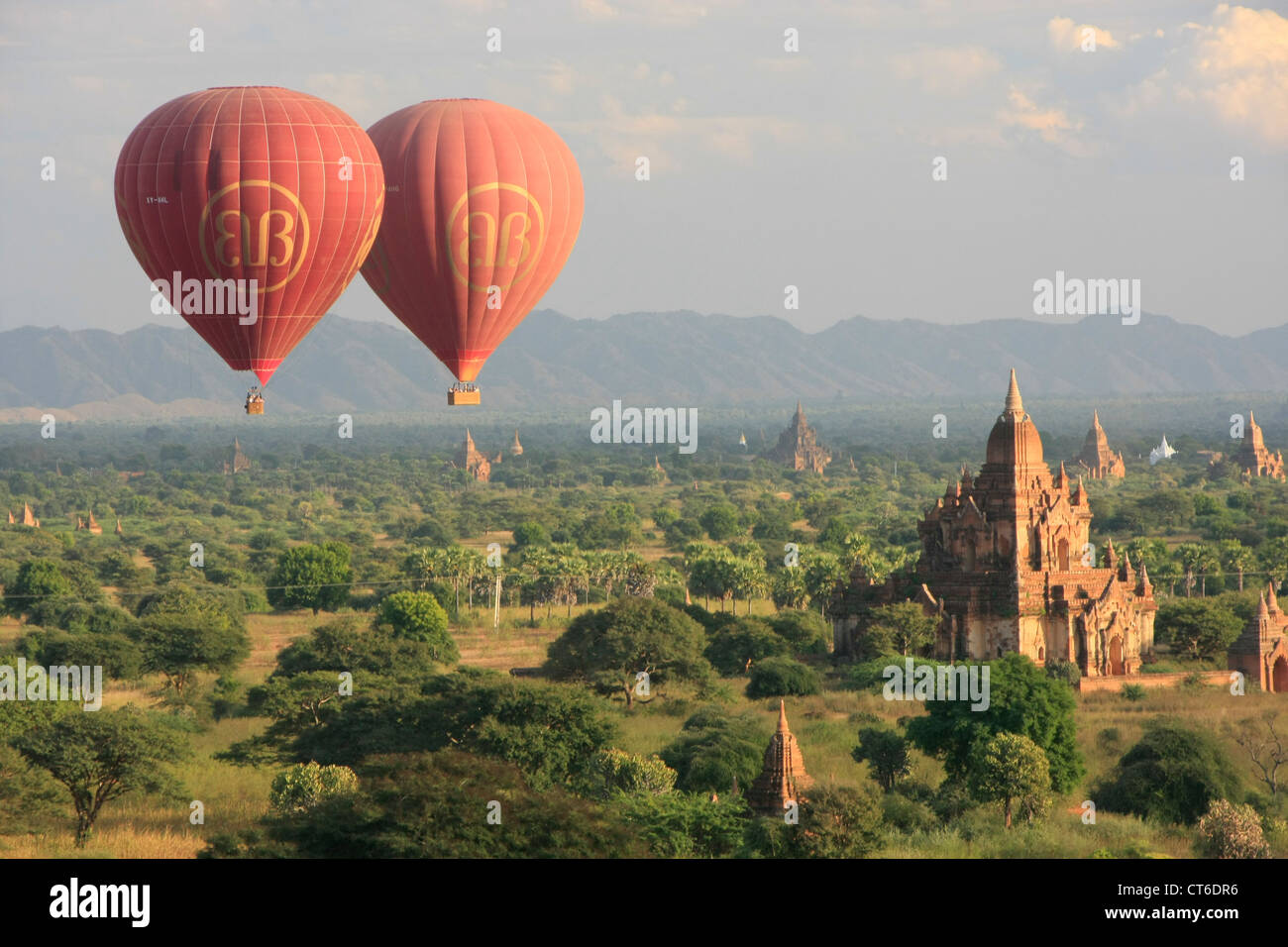 Hot-air ballooning in Bagan, Bagan Archaeological Zone, Mandalay region, Myanmar, Southeast Asia Stock Photo
