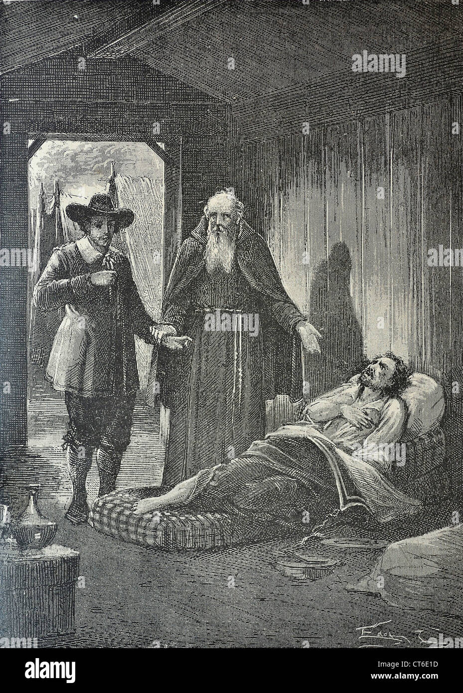 The Betrothed Renzo front of his enemy Don Rodrigo at the Lazzaretto in an illustration of the nineteenth century Stock Photo