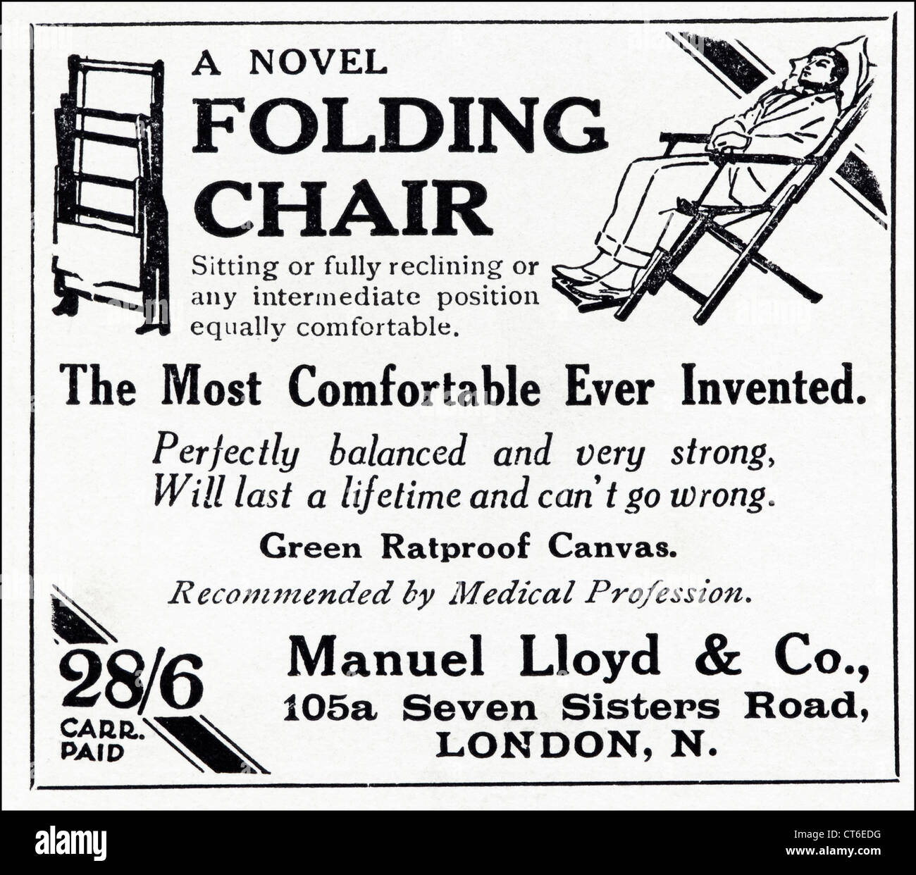 Original 1920s vintage print advertisement from English consumer magazine advertising FOLDING CHAIR with ratproof canvas Stock Photo