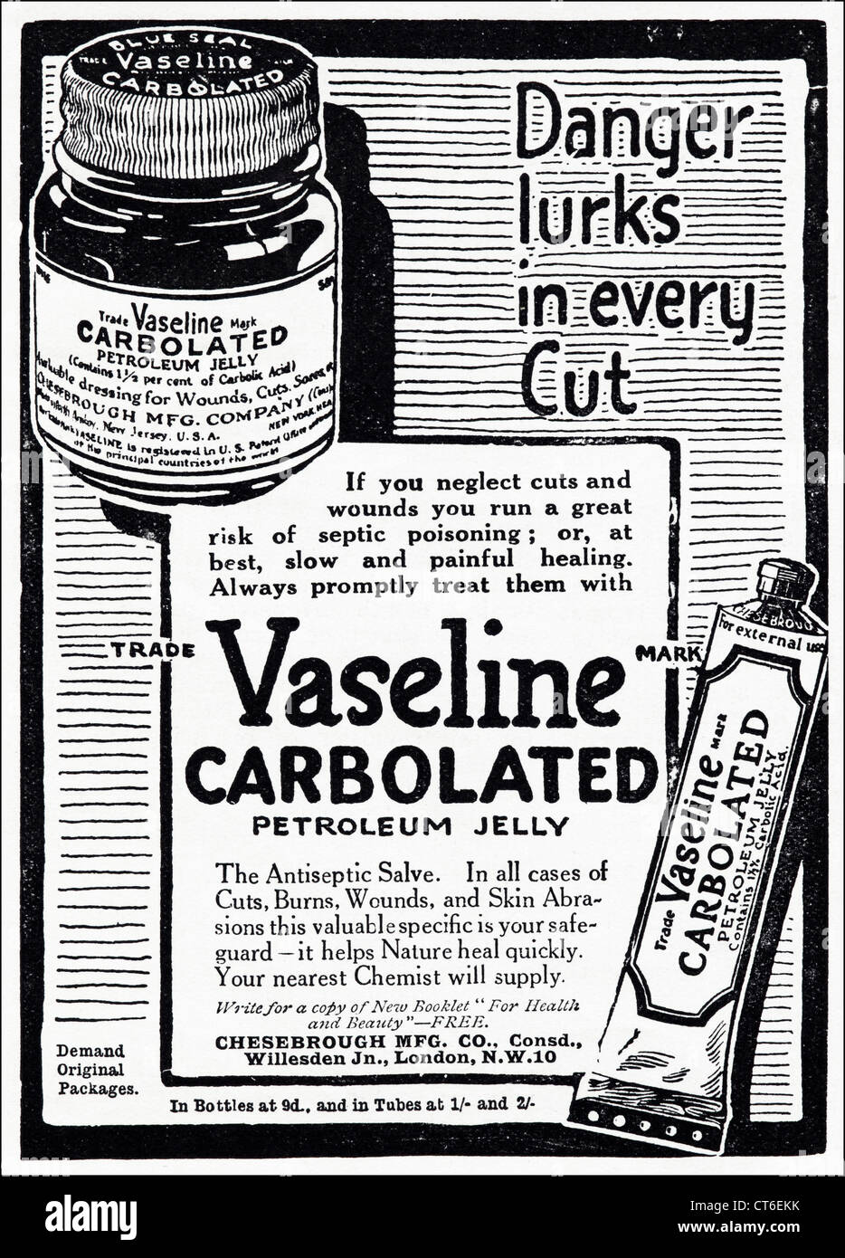 VASELINE CARBOLATED PETROLEUM JELLY advert. Original 1920s vintage print advertisement in English consumer magazine advertising Stock Photo