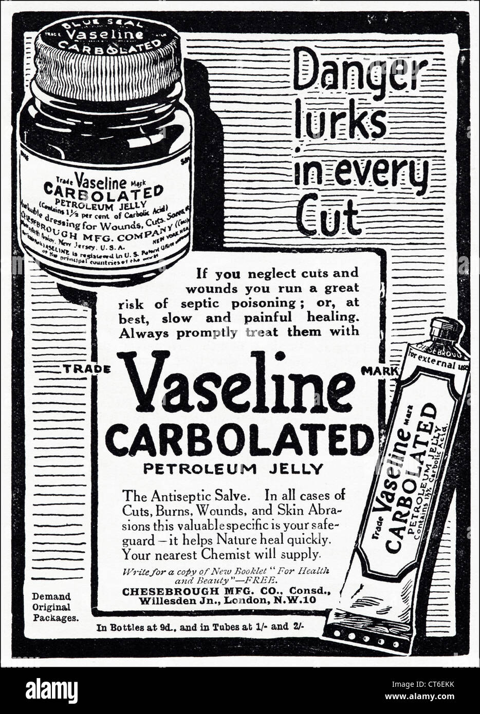 VASELINE CARBOLATED PETROLEUM JELLY advert. Original 1920s vintage