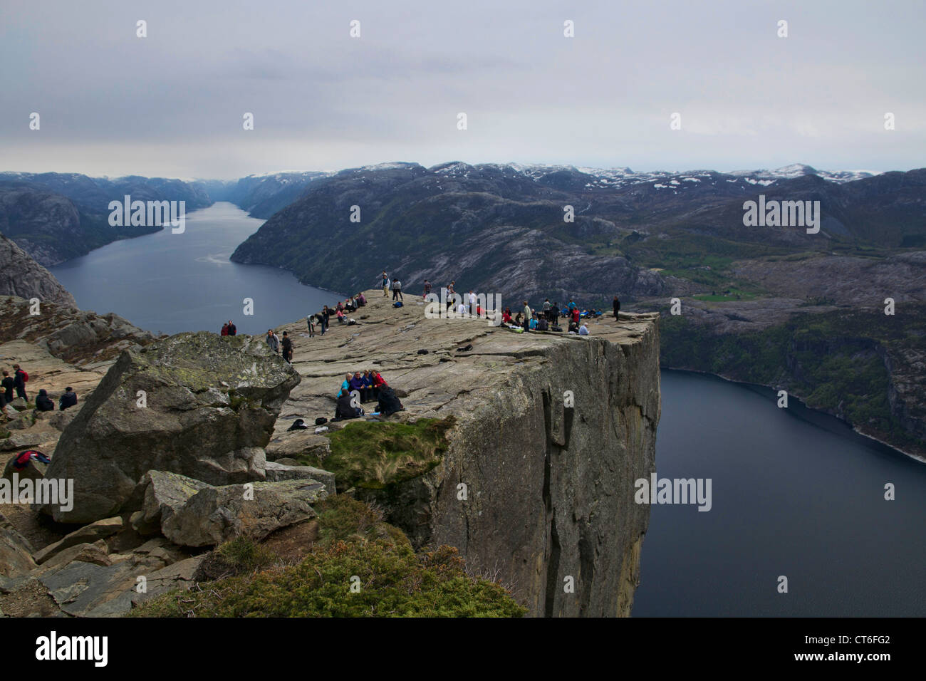 Preikestolen  is a massive cliff 604 metres (1982 feet) above Lysefjorden, opposite the Kjerag plateau, in Norway. Stock Photo