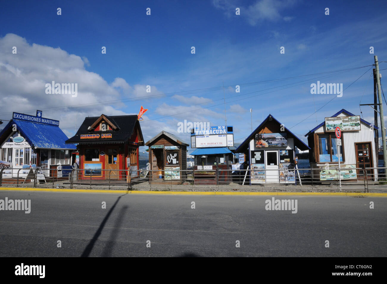 Seaside huts selling tours, trips and excursions by boat, dockside, Ushuaia, Argentina. Stock Photo