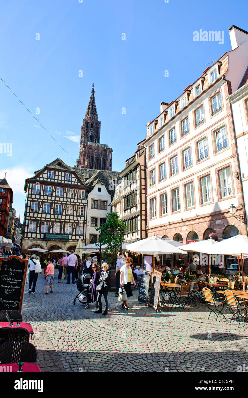 Many timbered and half-timbered houses in the area,some dating from mediaeval times,Place De La Cathedrale,Strasbourg,France Stock Photo