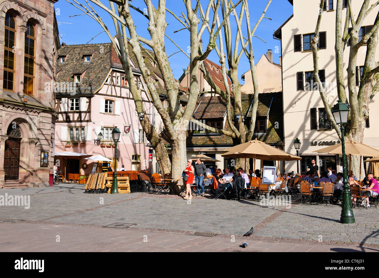 Restaurants,Bars,Cafes,Half Timbered Houses,Maison des Tanneurs,Rue du Bain-aux-Plantes,Petit France,Strasbourg,France Stock Photo