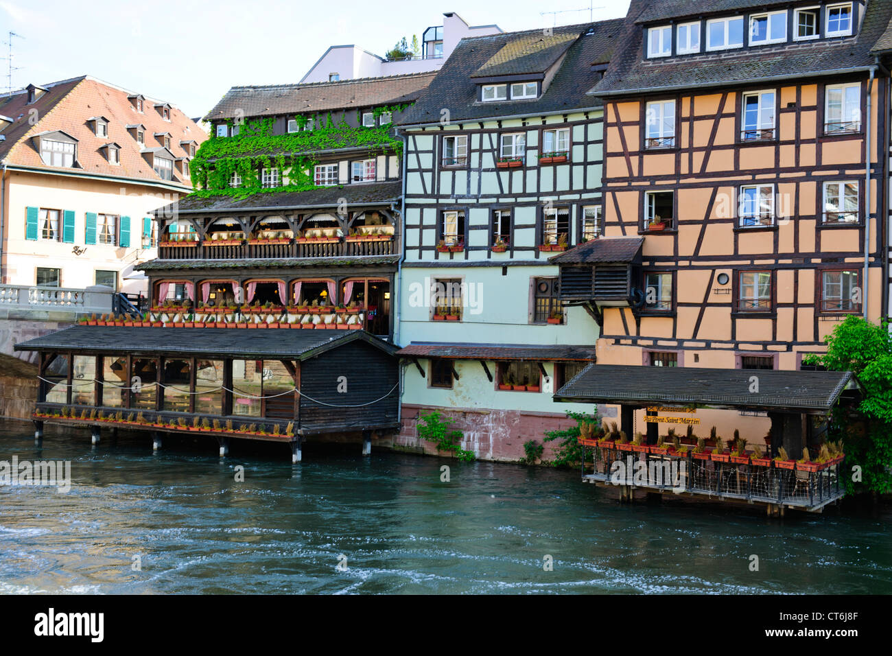 Timbered and Half Timbered mediaeval Houses,Quai Ch.Frey,Petit France,L'ill River,Sleuce Gates,Strasbourg,France Stock Photo