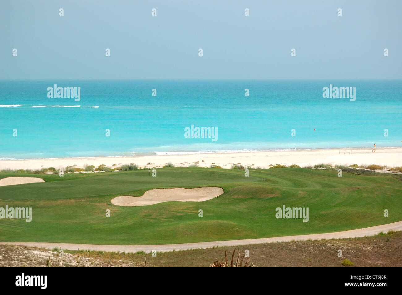 Golf field near beach of the luxury hotel, Saadiyat island, Abu Dhabi, UAE Stock Photo