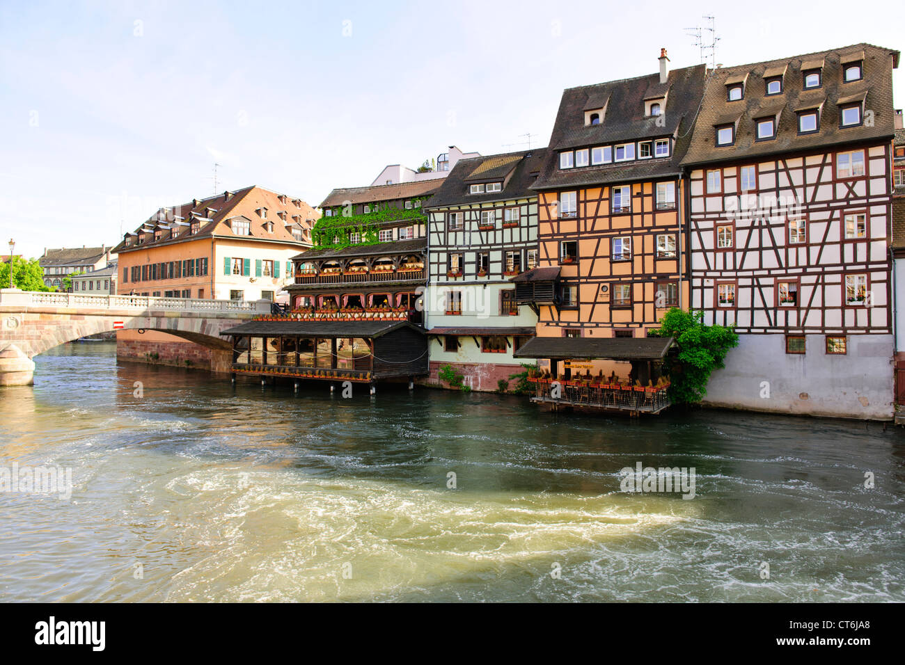 Timbered and Half Timbered mediaeval Houses,Quai Ch.Frey,Petit France,L'ill River,Sleuce Gates,Strasbourg,France Stock Photo