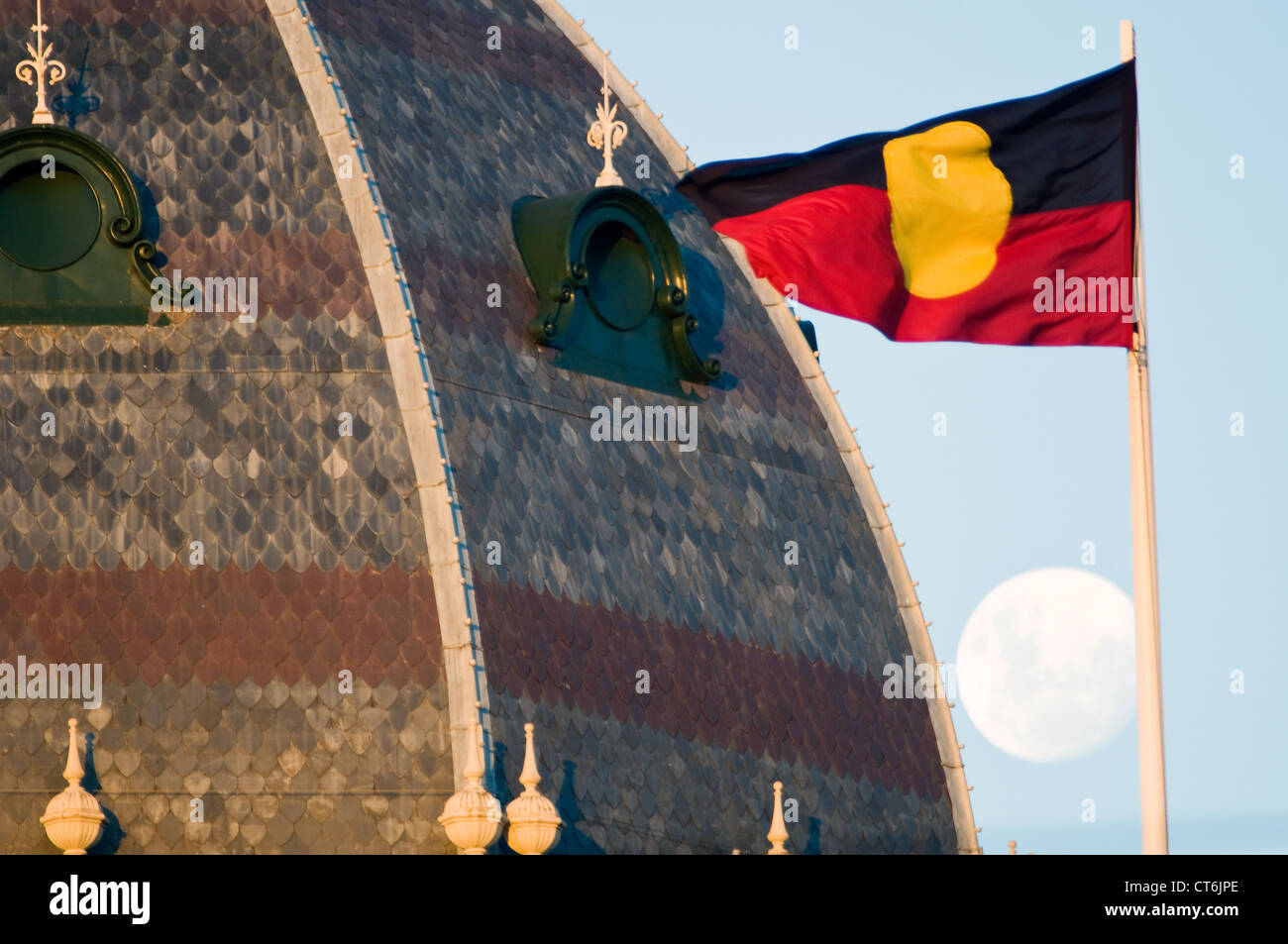 exhibition buildings  and aboriginal flag melbourne cbd victoria australia Stock Photo