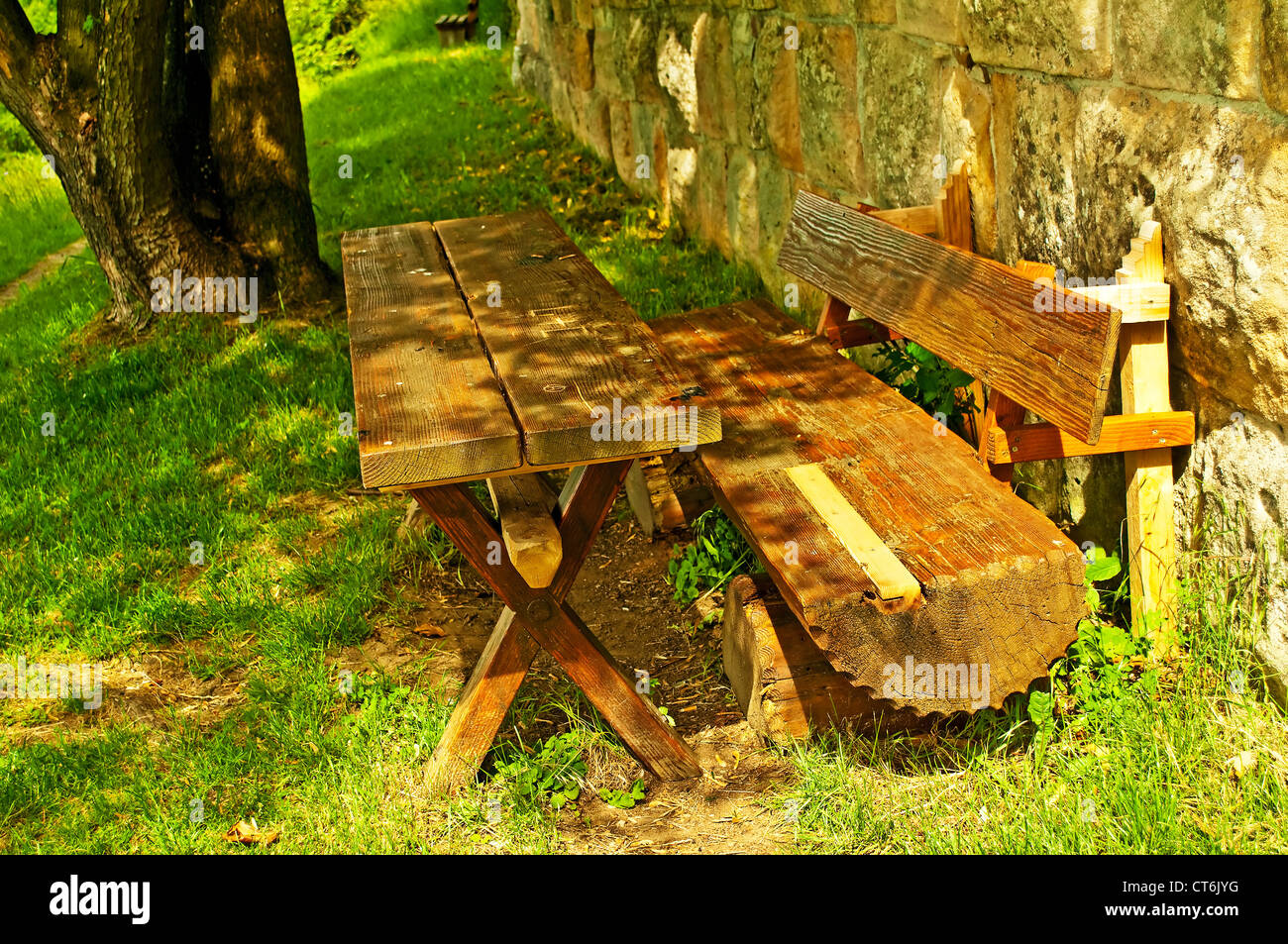 park bench at an old antique abbey wall Stock Photo - Alamy