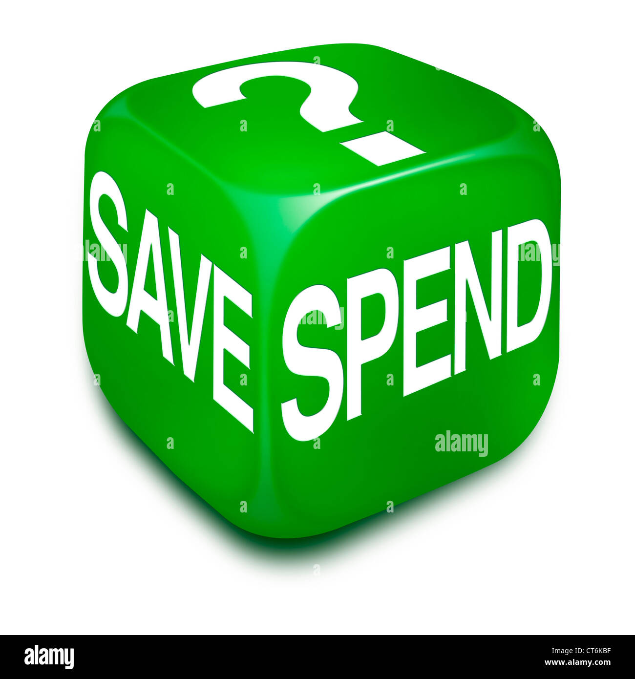 Green dice with the words SPEND, SAVE and a Question Mark printed on it's visible faes Stock Photo
