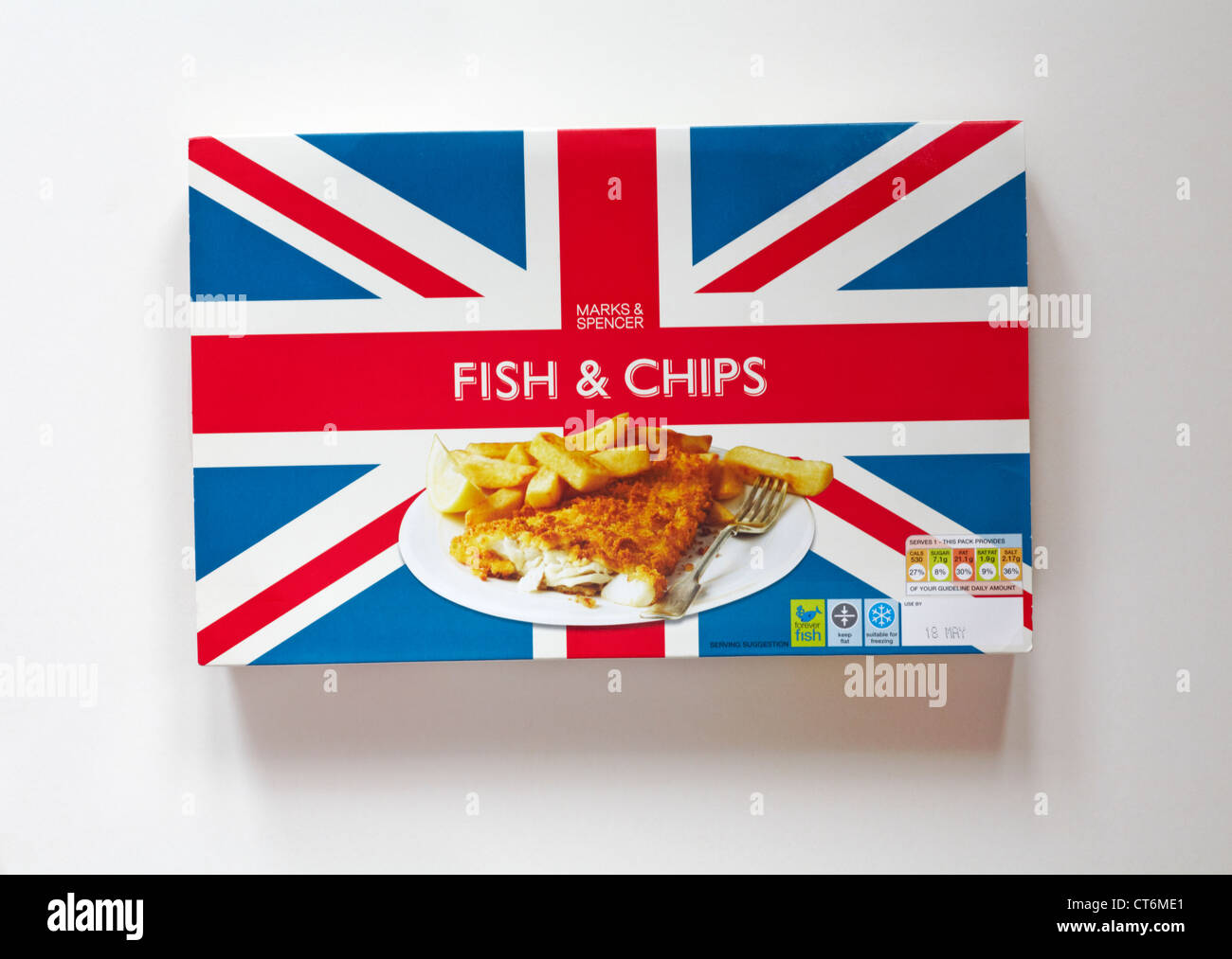 pack of Marks & Spencer Fish & Chips ready meal with Union Jack
