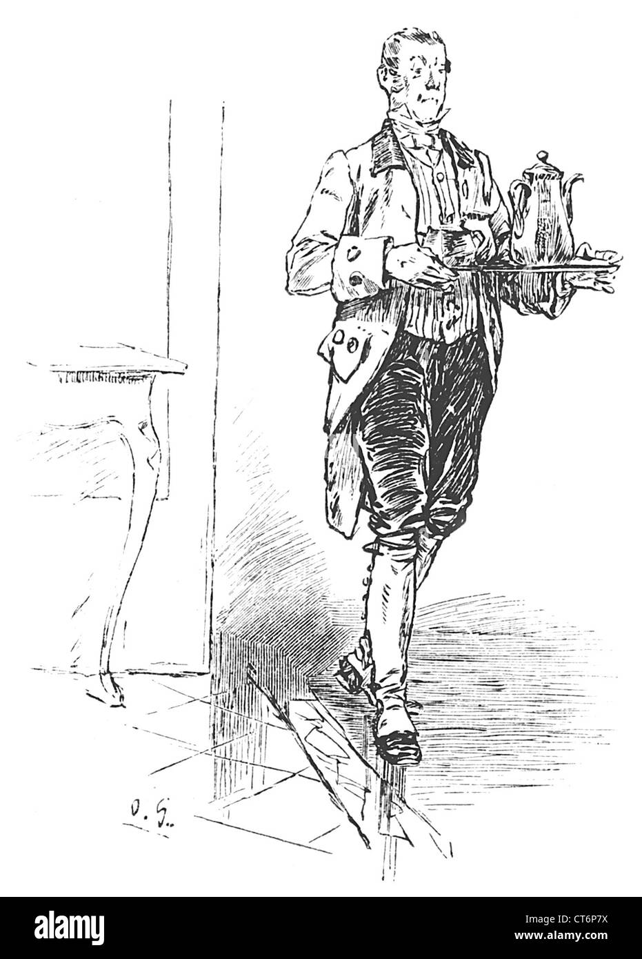 Caricature of a butler in livery serving tea on a tray Stock Photo