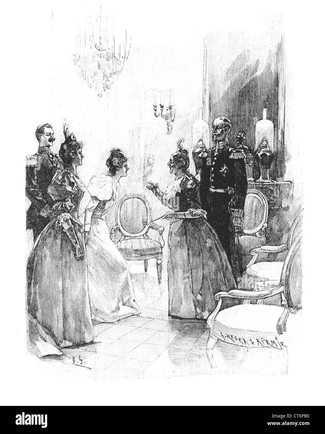 Old couple receiving guests in sitting room, ladies in evening dress,men in full dress Stock Photo