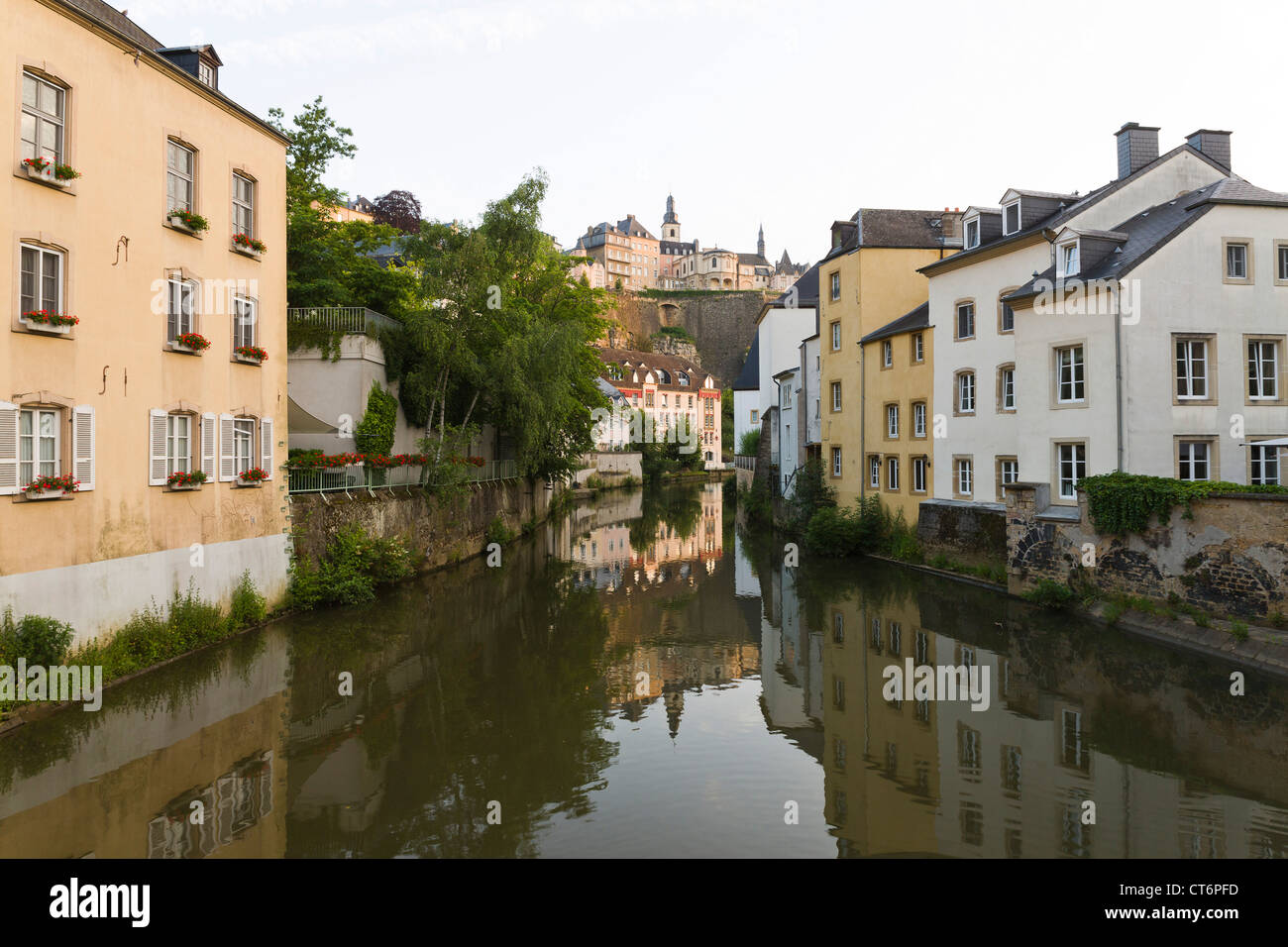 Traditional view from the bridge in the quarter Grund with a Mirror image of the old town of Luxembourg Stock Photo