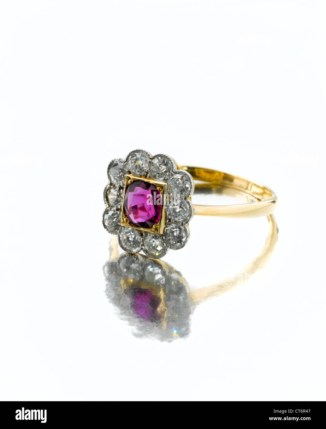 Burmese Myanmar gold ruby ring 'pigeon's blood' colour with diamonds. Stock Photo